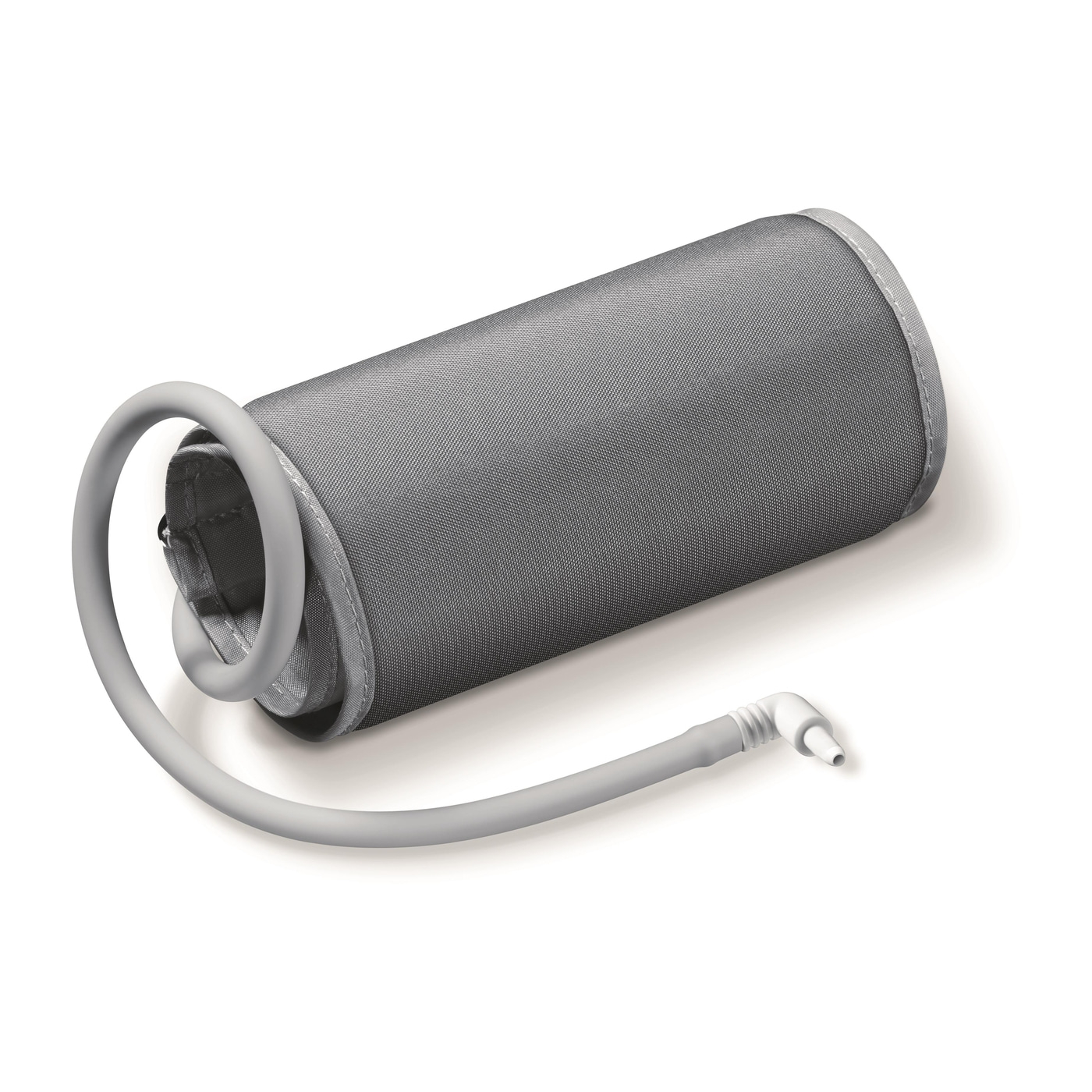Gray blood pressure cuff with tube and connector, medical equipment, isolated