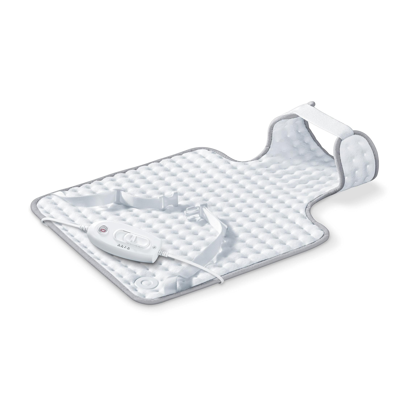 White heating pad with controls and straps, isolated on a white background.