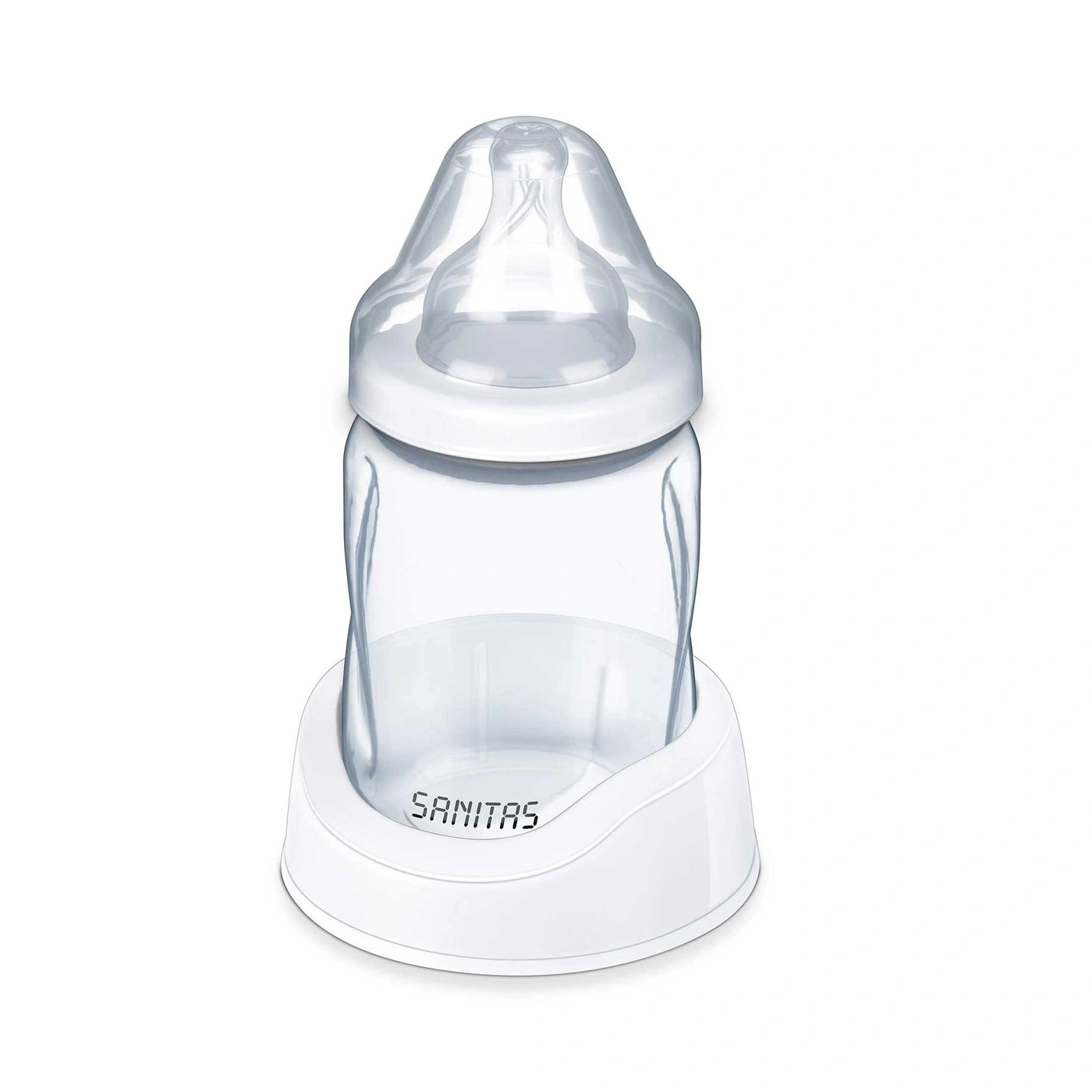 A white bottle warmer with a clear bottle and nipple attachment.