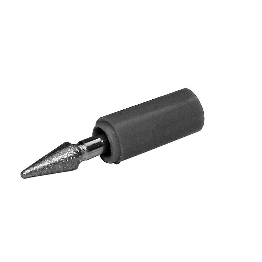 Ein spitzer, grauer Bohrer mit einem Metallaufsatz.