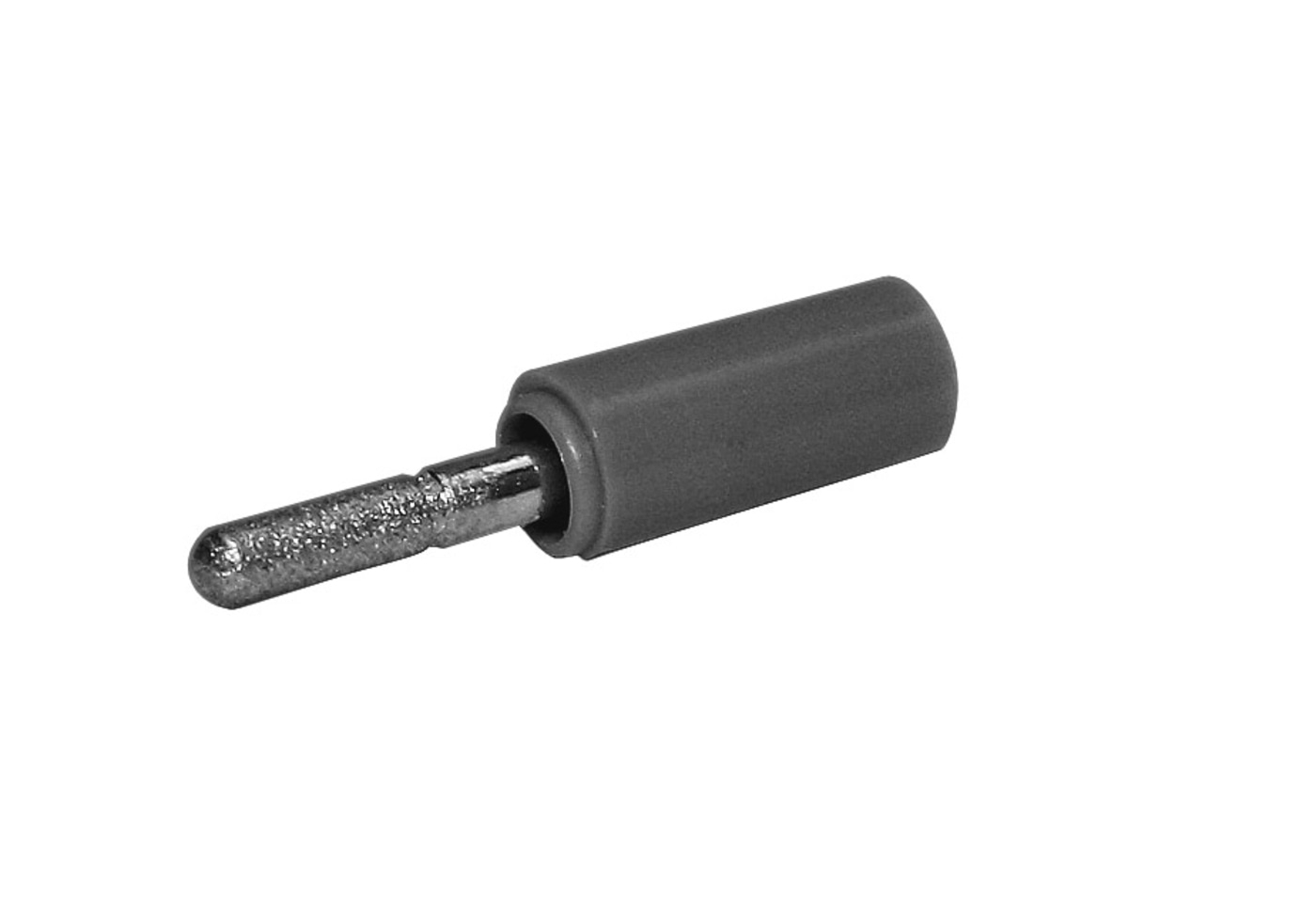 Grauer Stecker mit zylindrischem Griff und metallischem Stift, isoliert auf Weiß