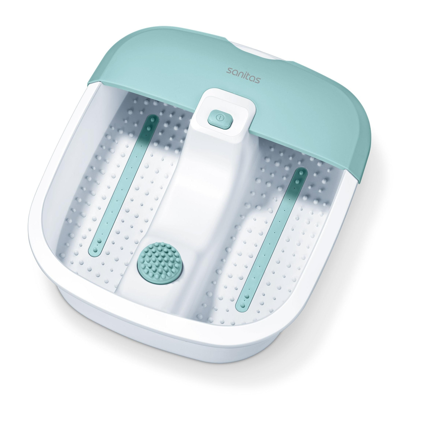 Blue and white foot spa with control panel and massage nodes, Sanitas logo, wellness product