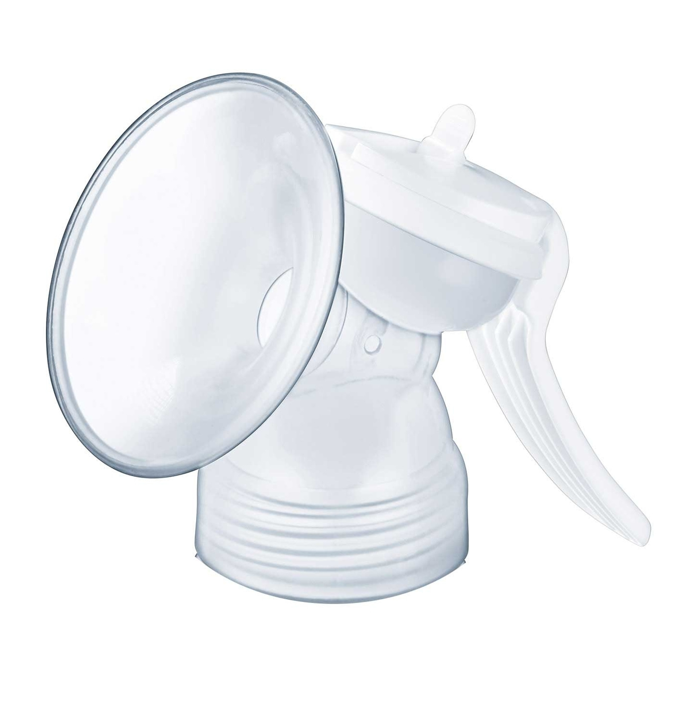 Transparente Milchpumpe mit Griff und Trichter für Babys. Stillzubehör.
