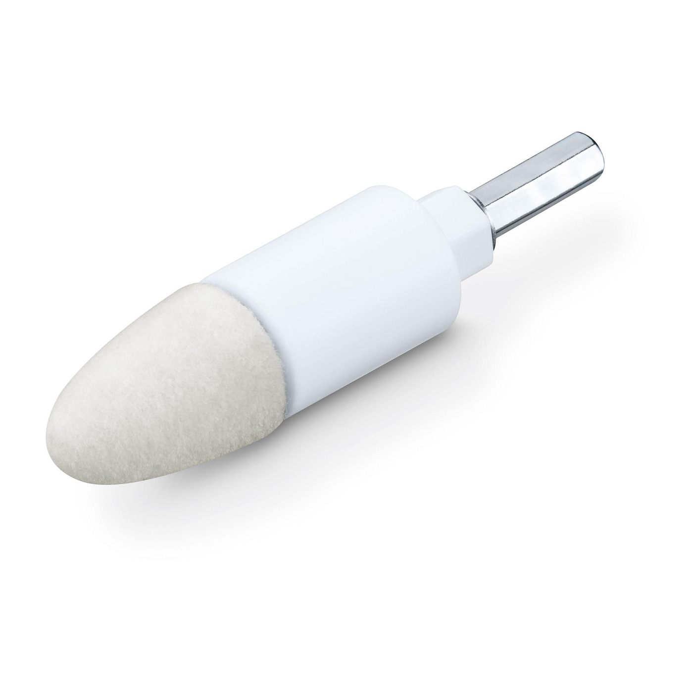 White polishing tool with a conical head and hexagonal shaft for polishing surfaces