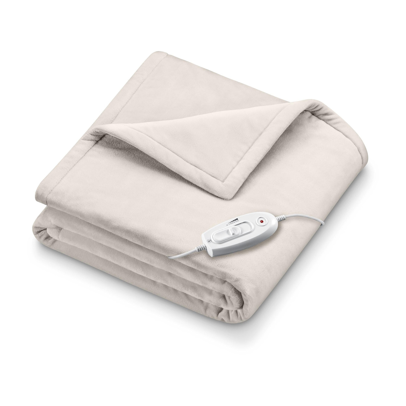 Beige Heizdecke mit Temperaturregler, gefaltet, isoliert auf weißem Hintergrund