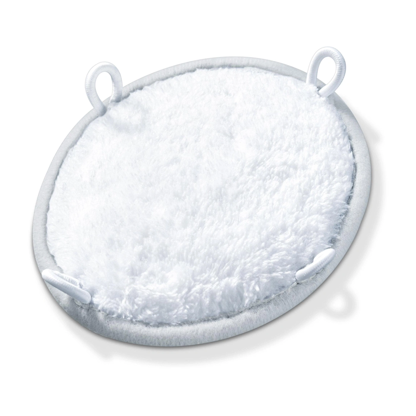 A fluffy white cotton pad with loops, isolated on a white background.