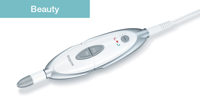 Beauty product, electric nail care device, white device with cable, Sanitas logo