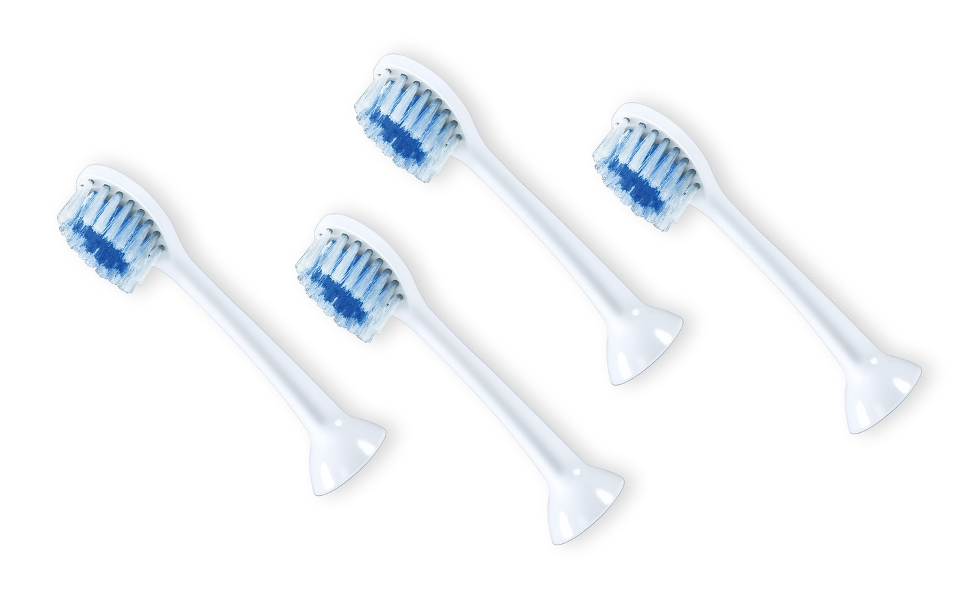 Toothbrush heads, white, blue, four pieces, isolated on white background, close-up