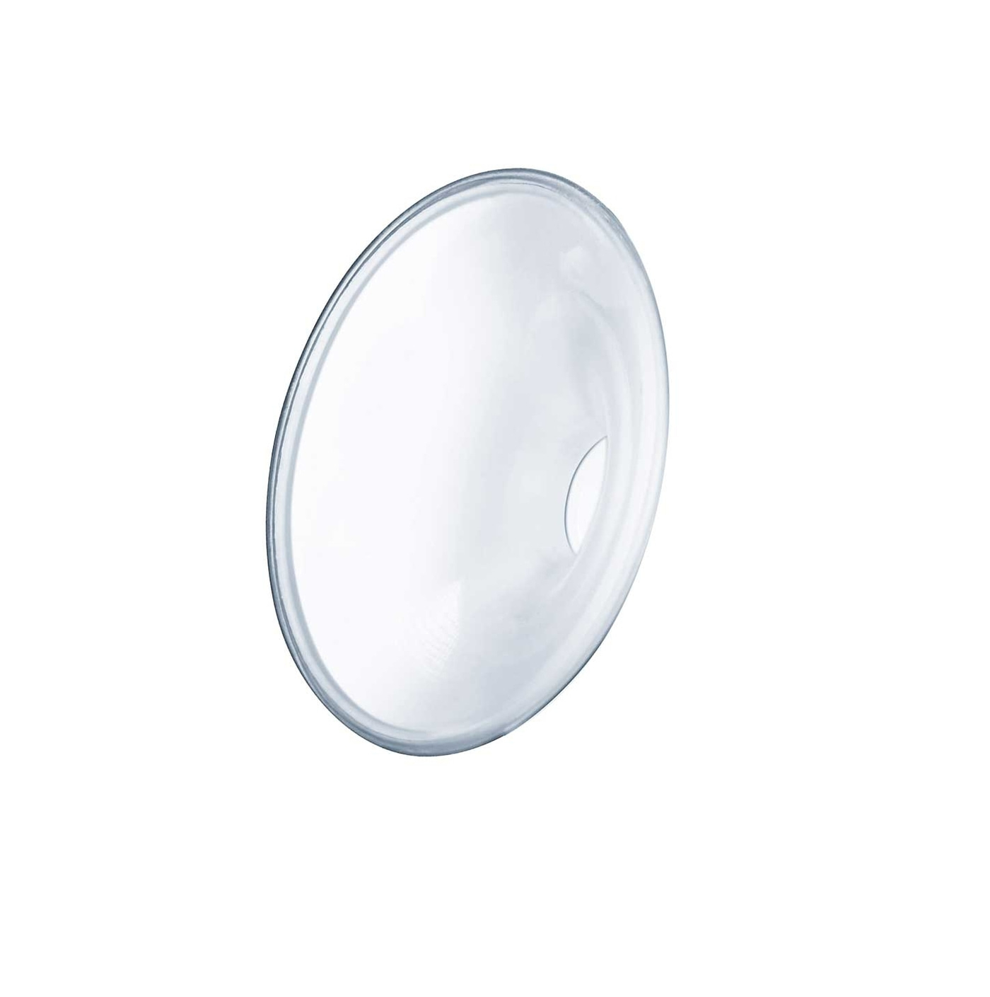 Transparent oval bowl with a hole and rim on a white background, clear glass.