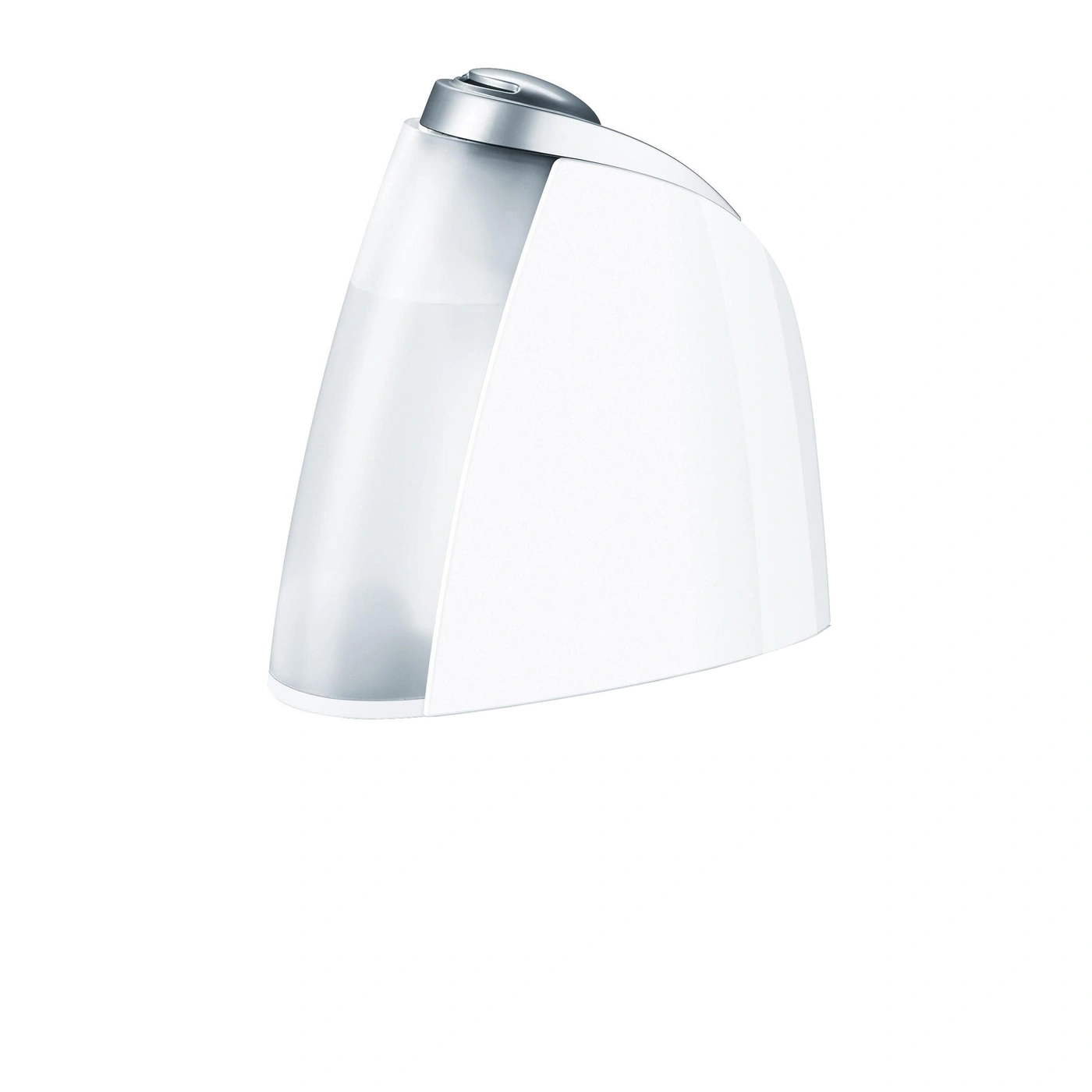 A white humidifier with a transparent water tank and a silver lid.