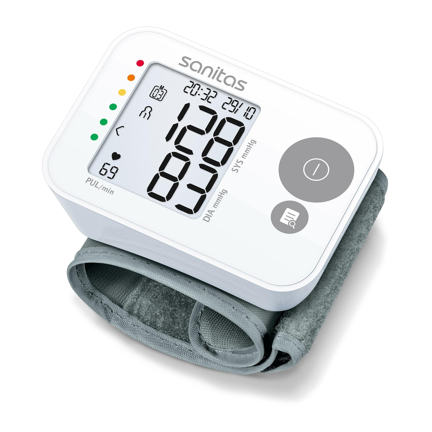 Blutdruckmessgerät mit Anzeige von Blutdruck, Puls und Datum.