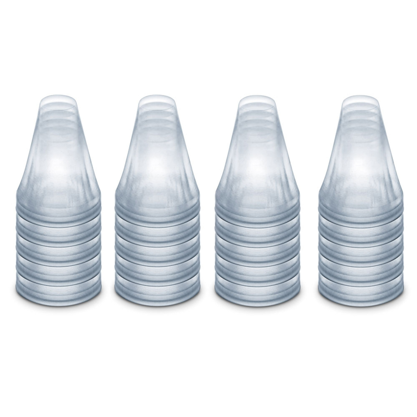 Four stacks of transparent plastic caps standing against a white background.