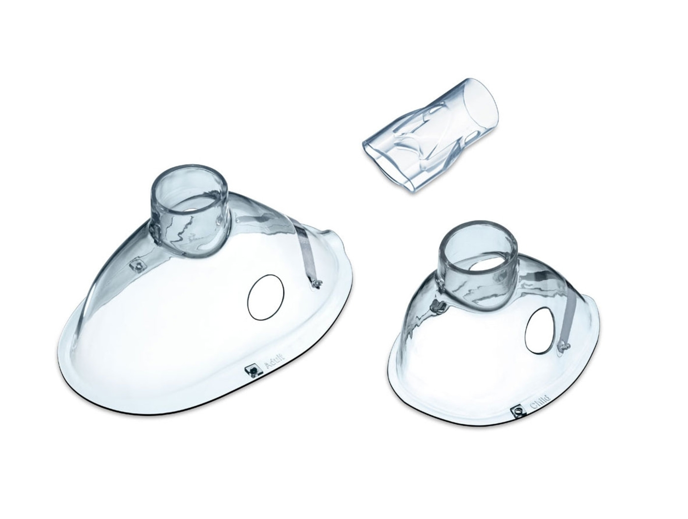 Three transparent breathing masks, one for children and one for adults.
