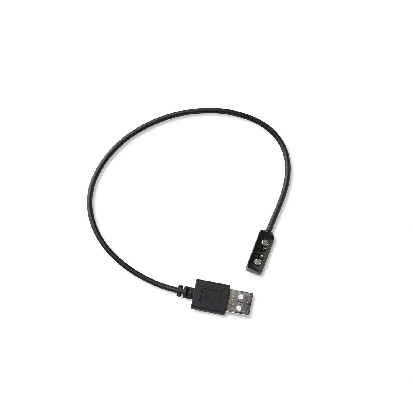 A black USB charging cable with a magnetic connector for a wearable device.
