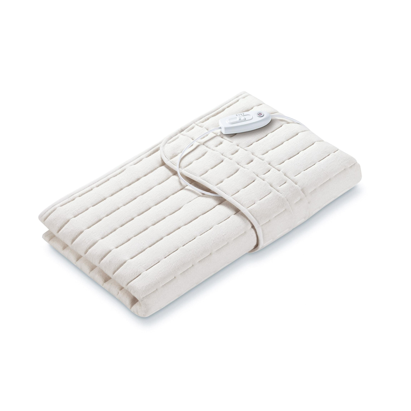 White folded heating pad with temperature control and cable.