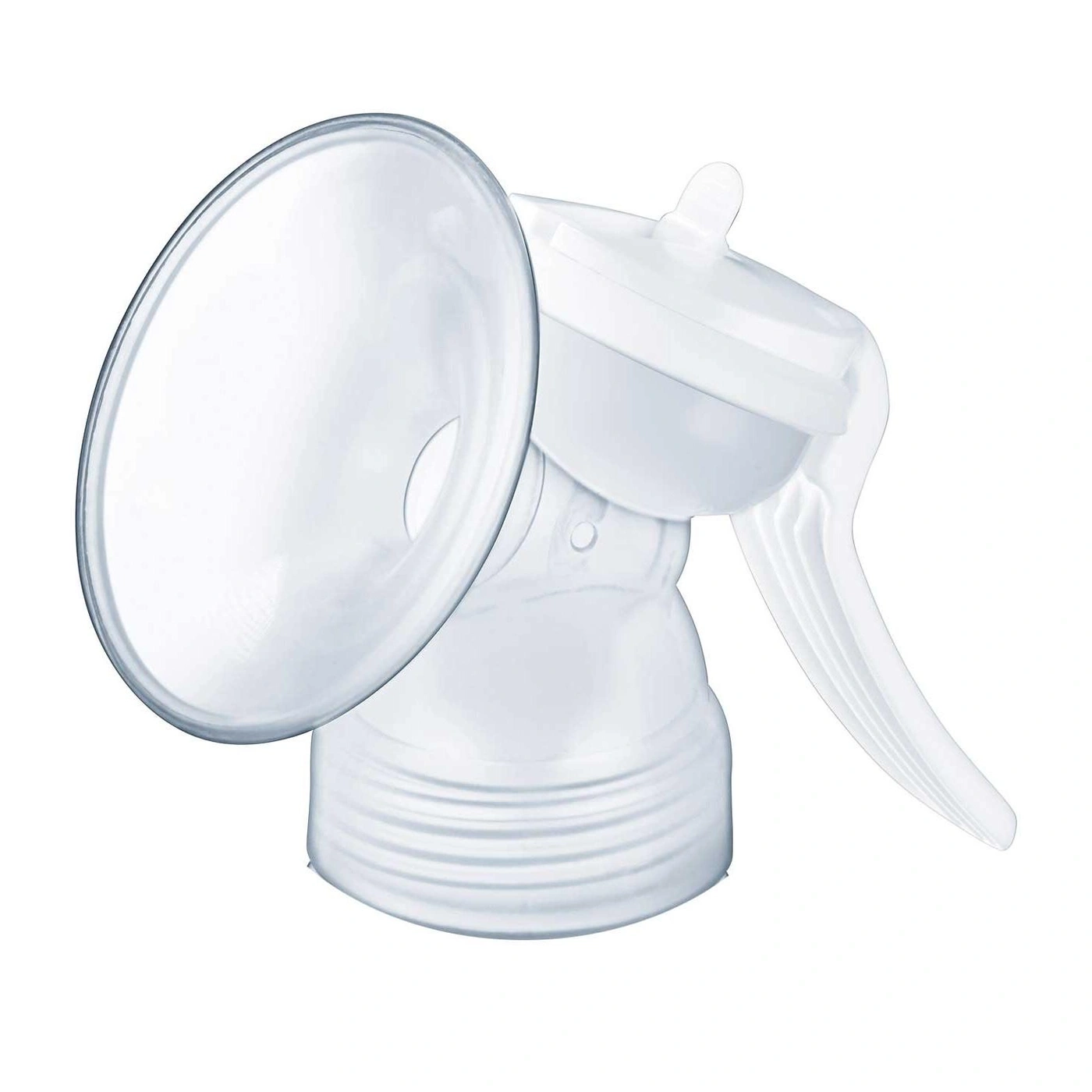 A white breast pump attachment with funnel and handle.