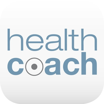 Logo de coach de santé, texte bleu et gris, coins arrondis, fond blanc