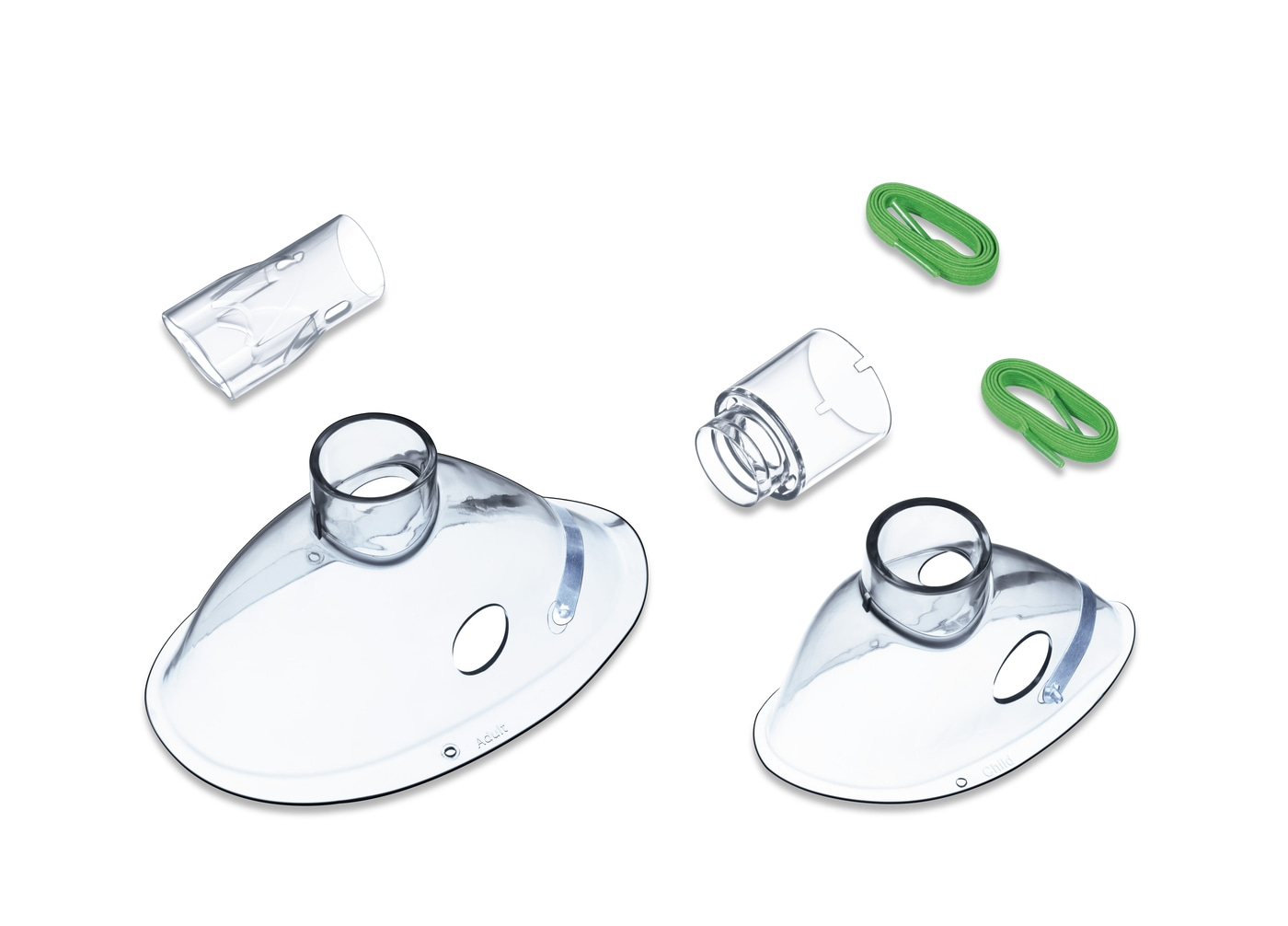 Medical mask with accessories, transparent, for adults and children, on a white background.