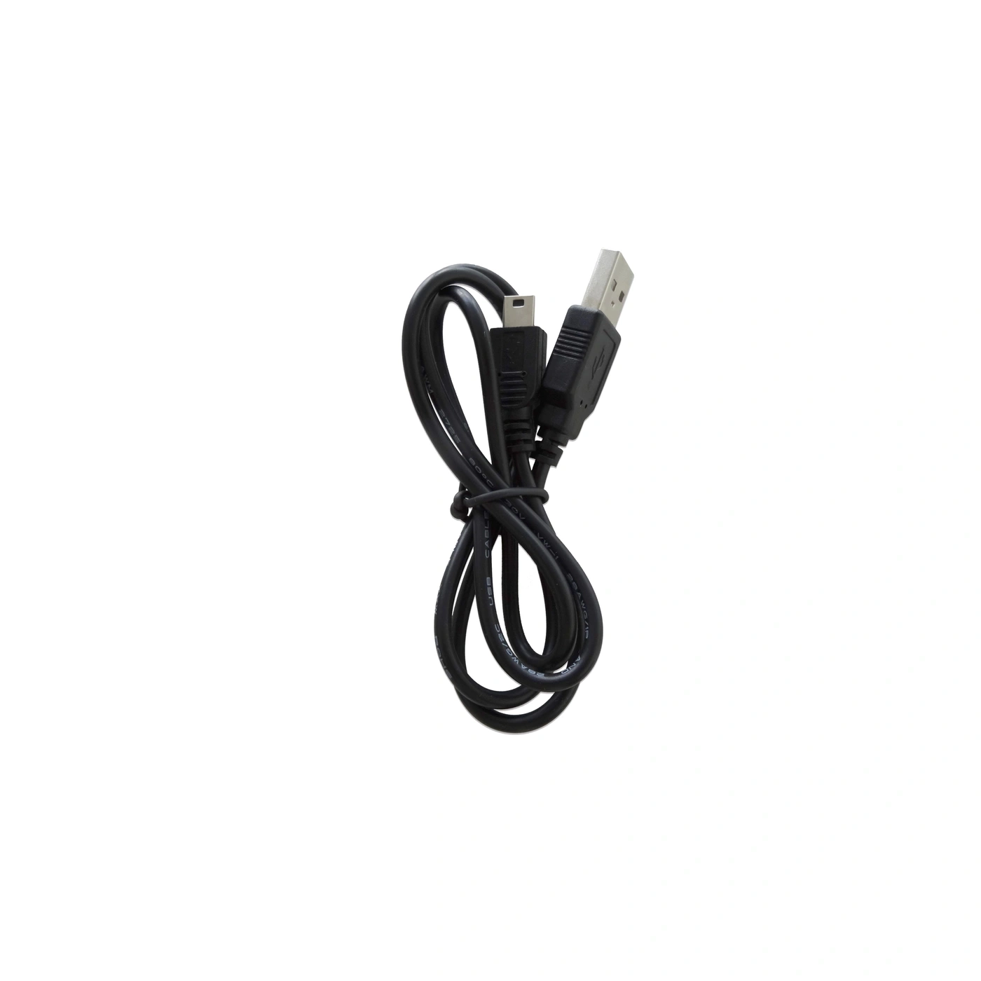Un cavo USB nero con connettore mini-USB, arrotolato.