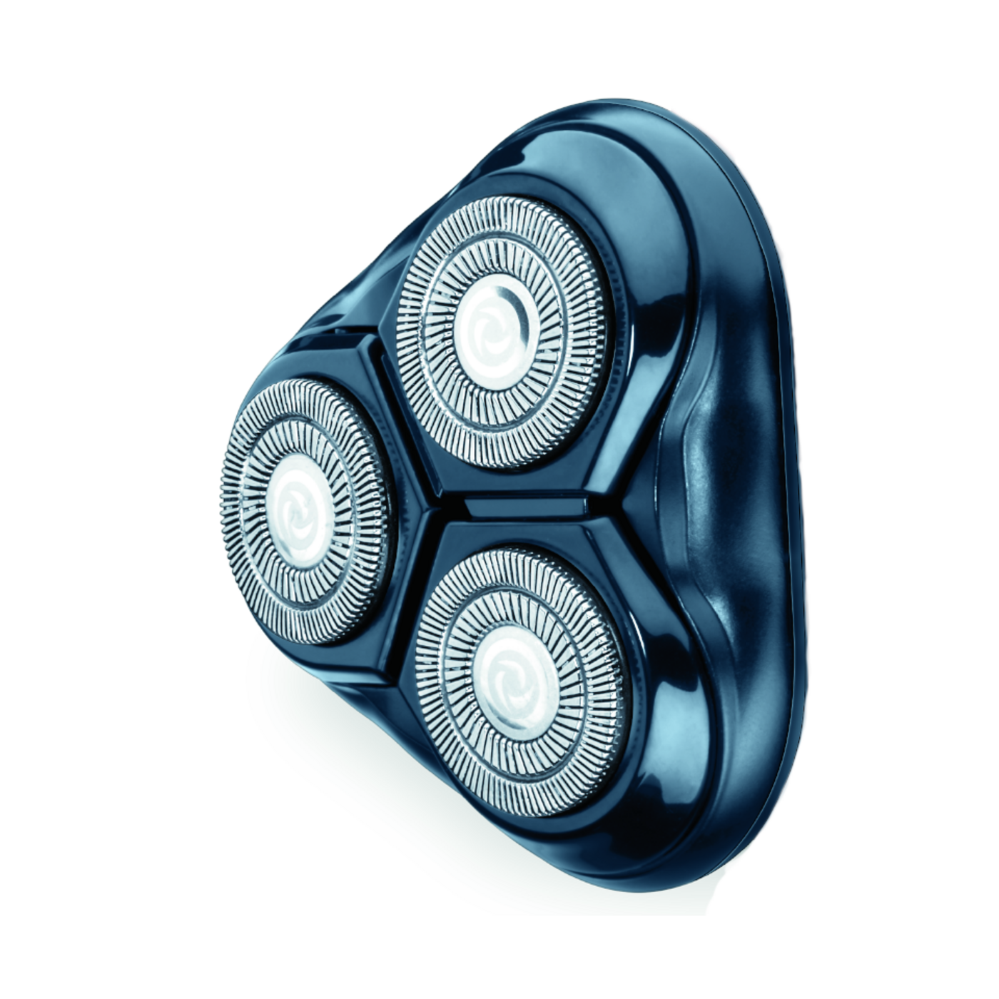 Close-up of a blue shaver head with three rotating blades on a white background