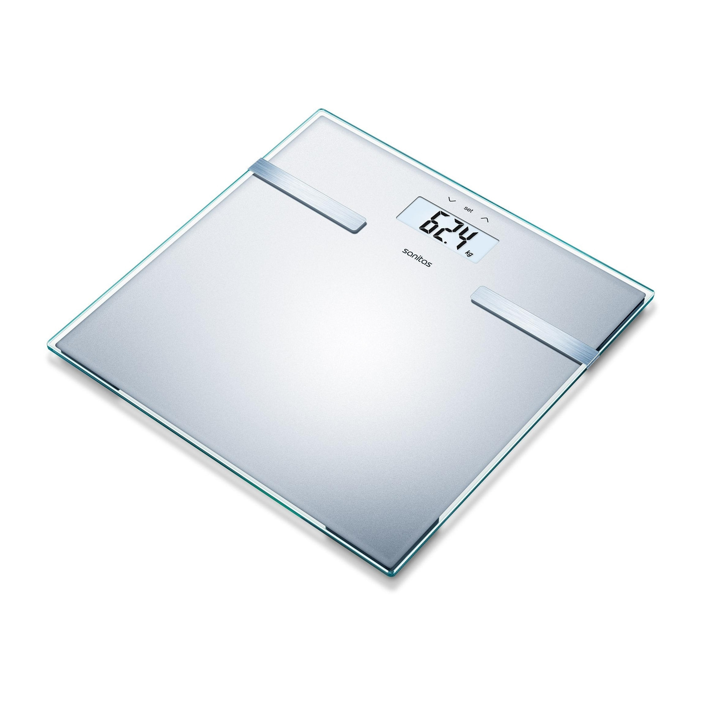 Digital bathroom scale showing 62.4 kg, Sanitas brand, glass surface, modern design