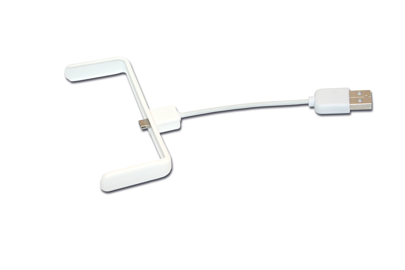 Weißes USB-Kabel mit Halterung, isoliert auf weißem Hintergrund, Nahaufnahme