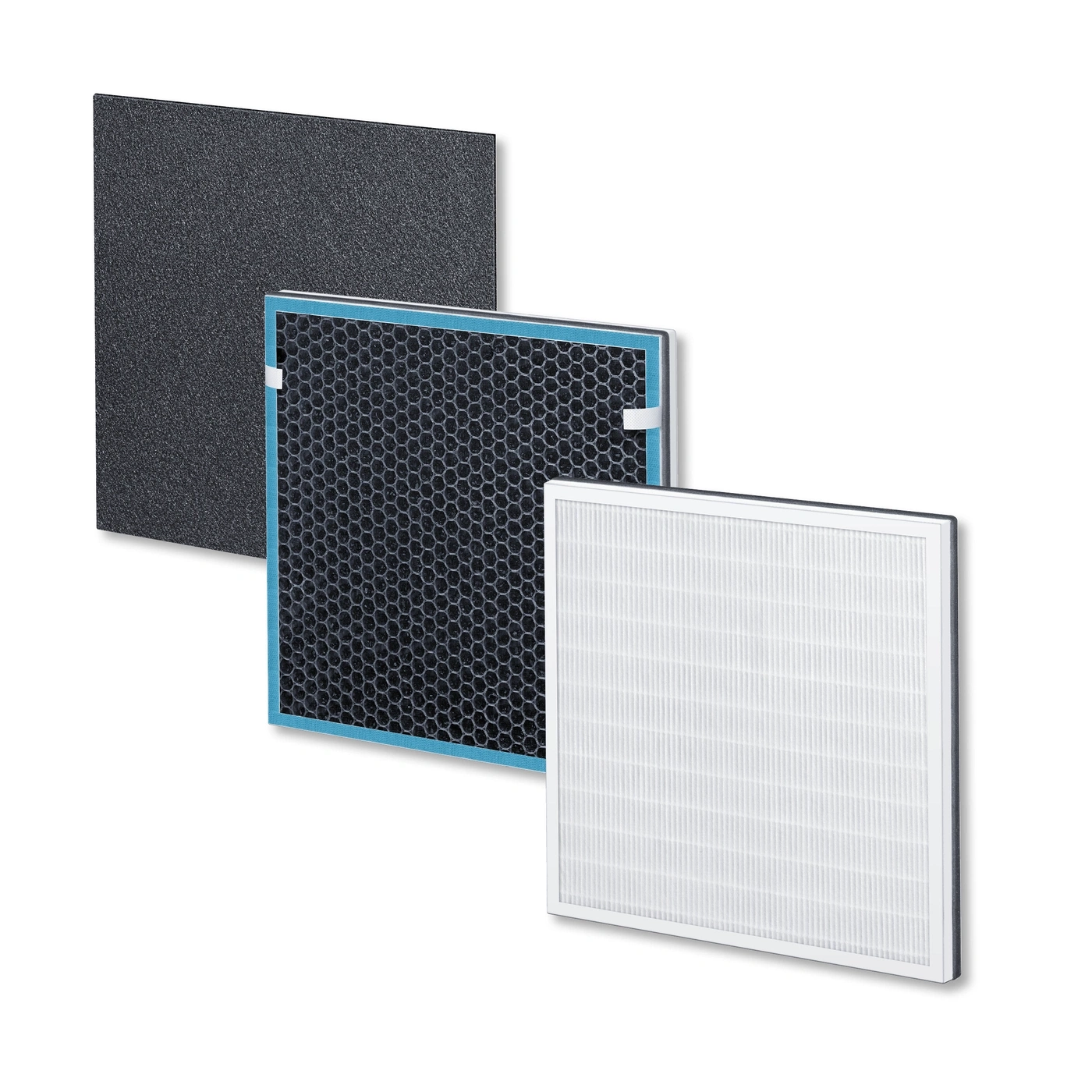 Three air filters: pre-filter, activated carbon filter, and HEPA filter.