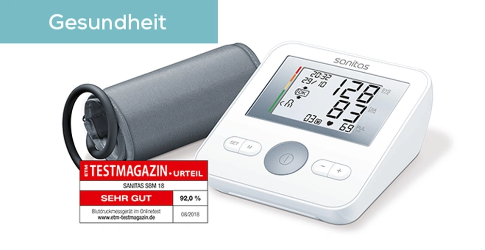 Ein Blutdruckmessgerät mit Manschette und einem Testberichtsiegel