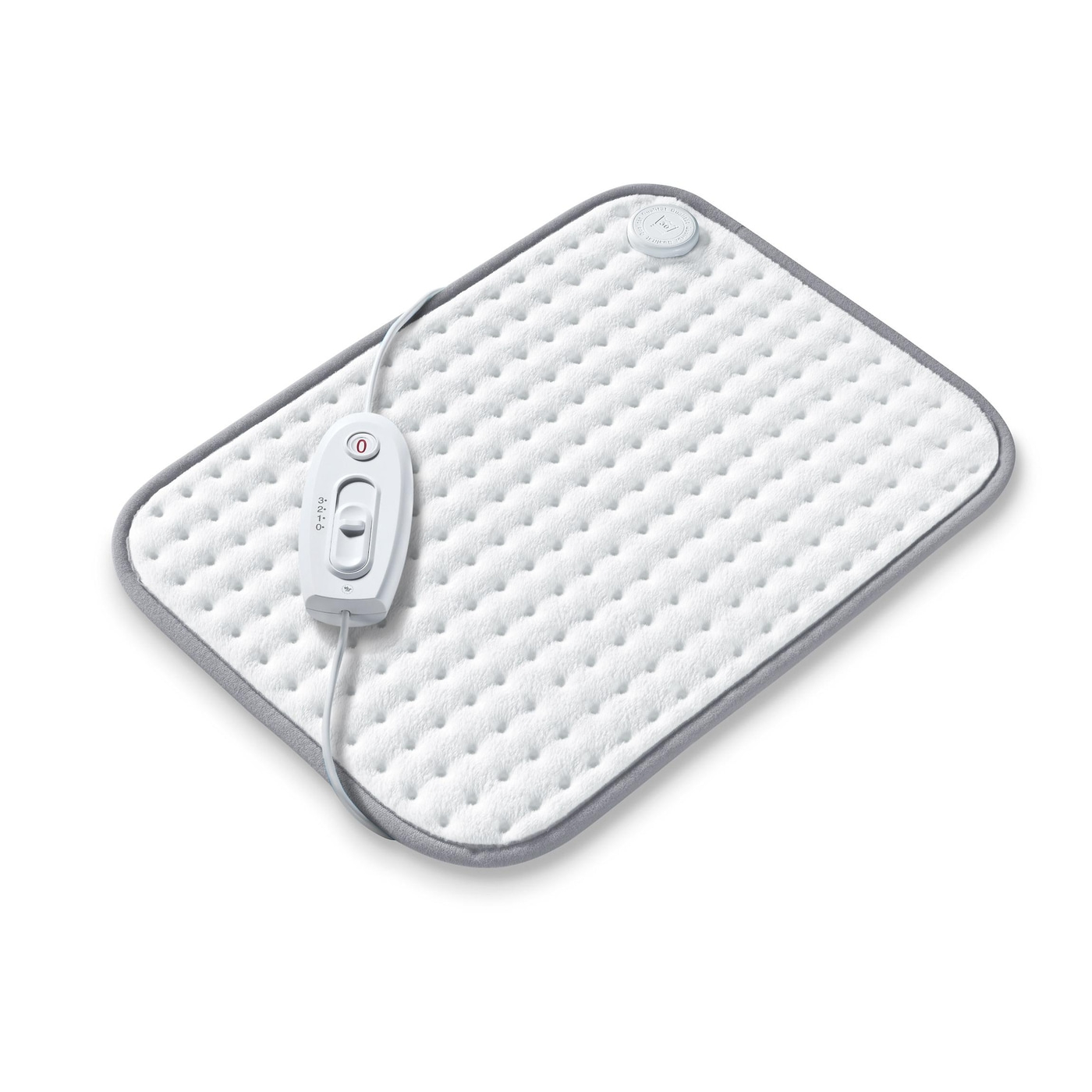 White electric heating pad with gray border and control, isolated on white background