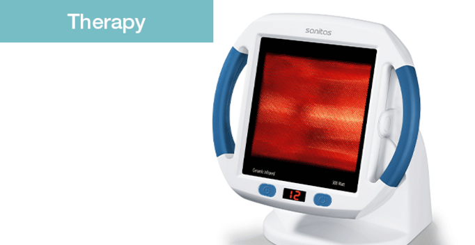 Infrared therapy device, white and blue, with red light, Sanitas brand, for therapy