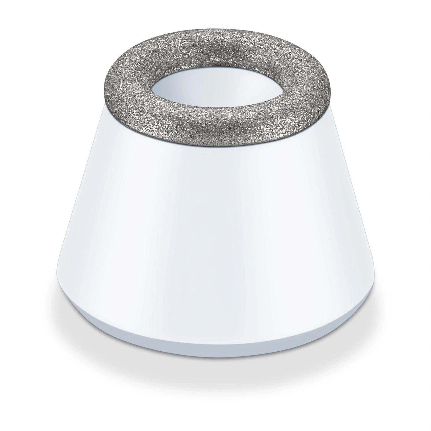 Ein kegelförmiger weißer Gegenstand mit einem rauen Ring oben.
