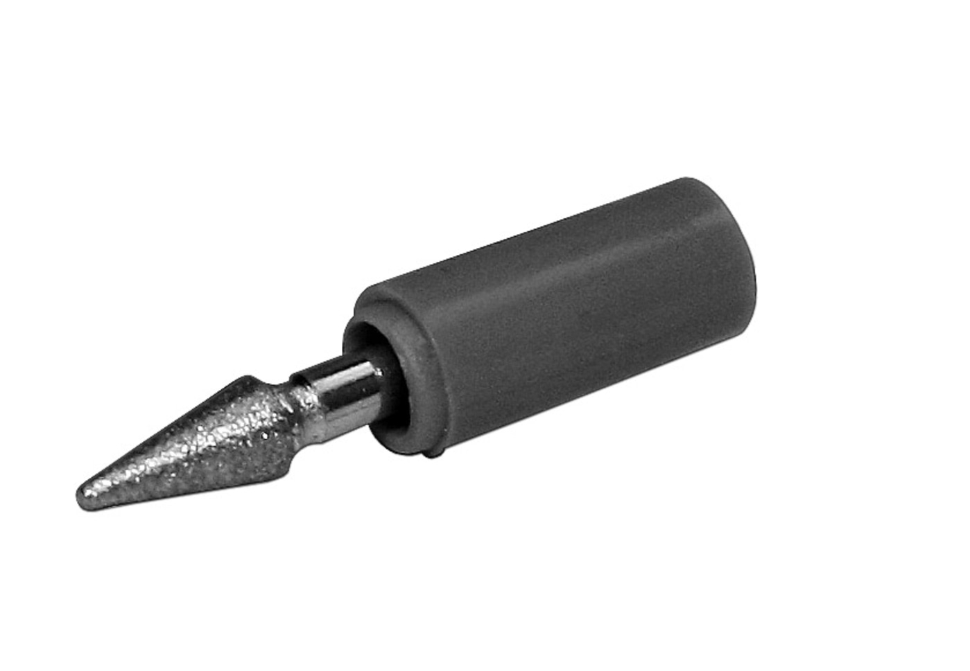 Soldering iron tip with gray handle, close-up, isolated on white background